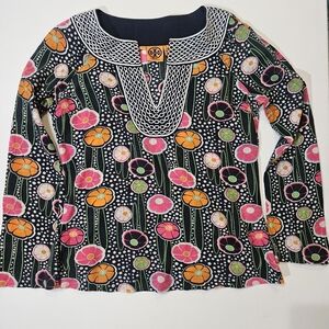 Tory Burch Tunic Top Womens 4 Orange Black Floral Poppy Polka Dot 60s Retro